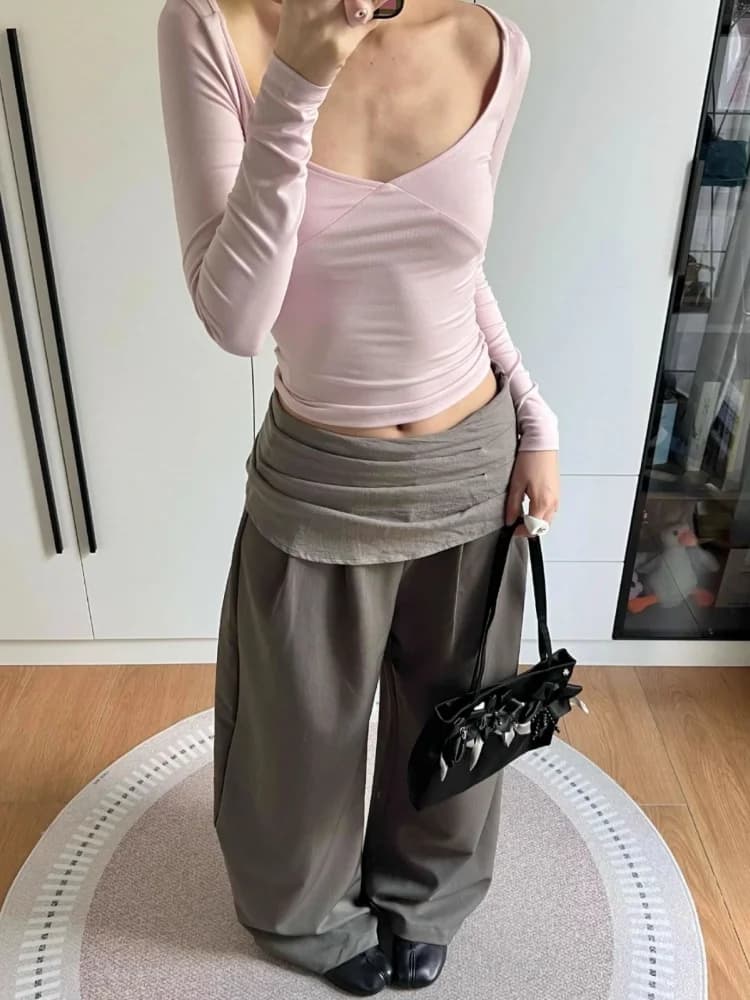 Retro American Style Pleated Casual Pants Women's Autumn New Style Street Style Color Block Wide Leg Pants Asymmetrical Design