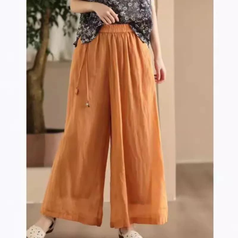 Johnature Women Vintage Ramie Wide Leg Pants Solid Color 2025 Summer New Elastic Waist Trousers Loose Casual Pants
