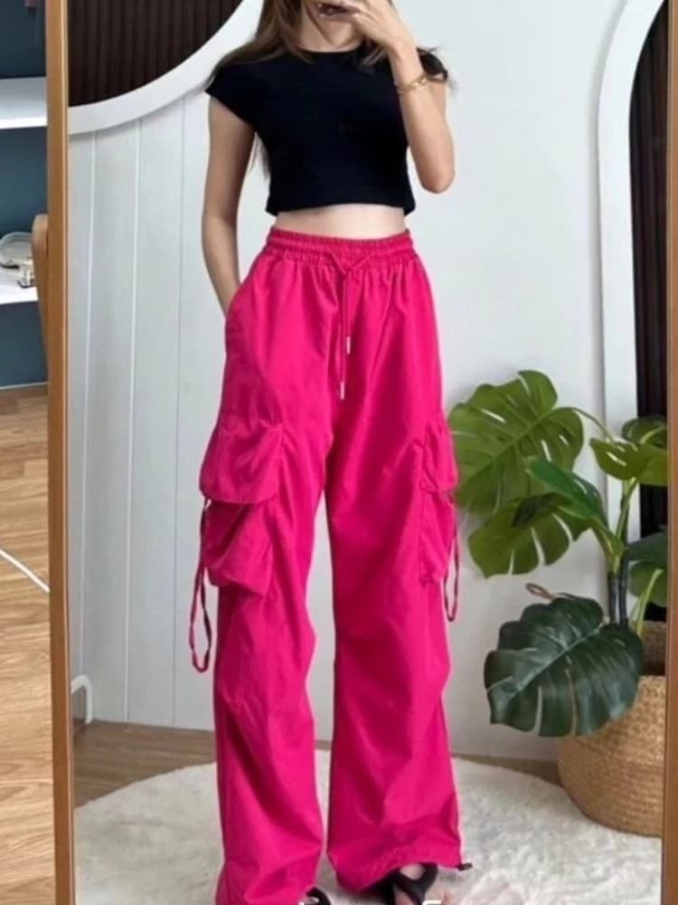 New Women Y2K Cargo Pants Fashion Casual High Waist Big Pockets Hip Hop Trousers Female Streetwear Drawstring Baggy Sweatpants