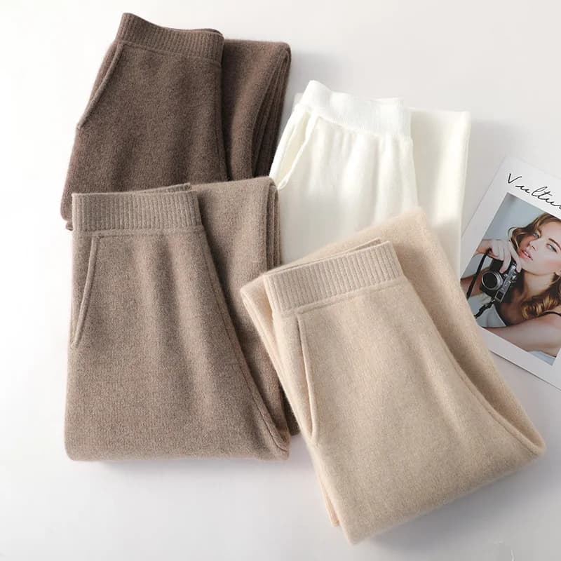 2024 New Autumn and Winter Solid Color Knitted Women's Wide-Leg Pants Thickened Casual Pants Temperament Commute Slimming