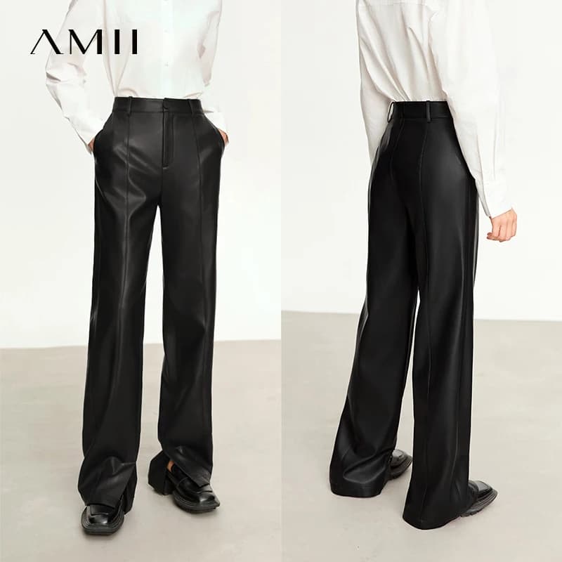 AMII Minimalist PU Leather Pants for Women 2026 Autumn Loose Clothing Wide Leg Pants Slit Fashion Office Lady Trousers 12343250