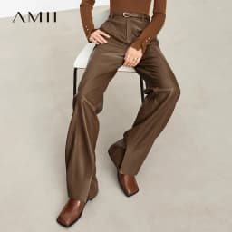 AMII Minimalist PU Leather Pants for Women 2026 Autumn Loose Clothing Wide Leg Pants Slit Fashion Office Lady Trousers 12343250