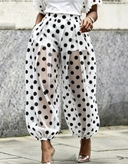 Polka Dot Sheer Mesh Harem Pants Loose See Through Balloon Trousers with Inner Shorts Women Summer Casual Cuff Leg Jogger Pants
