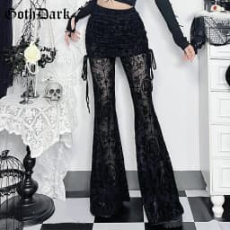 Goth Drak Elegant Fashion Flocking Print Long Pants 90s Grunge Mesh See Through Bodycon Flare Pant Mall Gothic Women Trousers