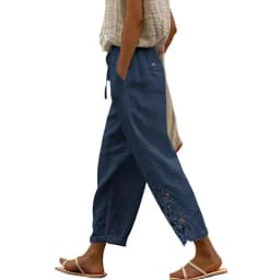 Women Fashion Embroidered Lace Trousers Vintage Lace-Up Pockets Pants Summer Elegant Loose Elastic Waist Long Pants Streetwears