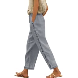 Women Fashion Embroidered Lace Trousers Vintage Lace-Up Pockets Pants Summer Elegant Loose Elastic Waist Long Pants Streetwears