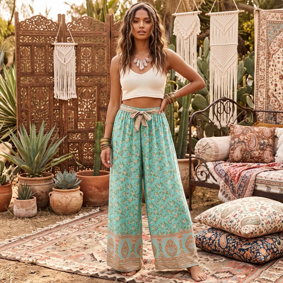 Vintage Chic Women Green Floral Print Bohemian Wide Leg Pants Lady Elastic Waist Loose Rayon Boho Long Pants Oversize Trousers