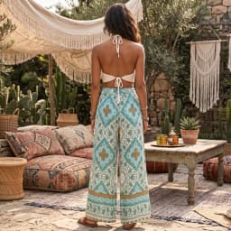Vintage Chic Women Green Floral Print Bohemian Wide Leg Pants Lady Elastic Waist Loose Rayon Boho Long Pants Oversize Trousers