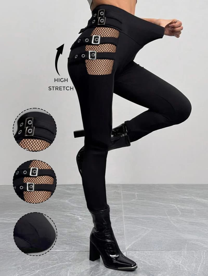 Dressfo 2025 New Women's Pants Solid Color Hollow Out Gothic Pants Square Buckle Strap High Waisted Skinny Long Pencil Pants