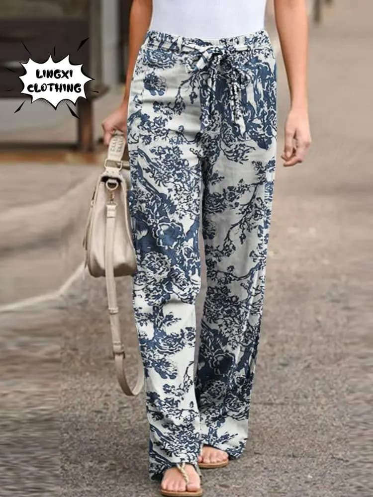 2023 New Summer Fashion Casual Simple Comfortable Elastic Waist Cotton Hemp Large Size Printed High Waist Wide Leg Pants