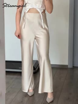 Women Straight Leg Satin Pants For Summer Elastic Waist Black Silk Trousers Luxury Office Wears For Ladies Wide Leg Pants Satin