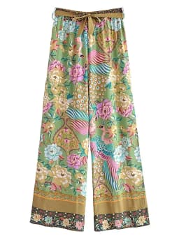 Vintage Chic Women Peacock Floral Print Bohemian Wide Leg Pants Lady Elastic Waist Loose Rayon Boho Long Pants Oversize Trousers