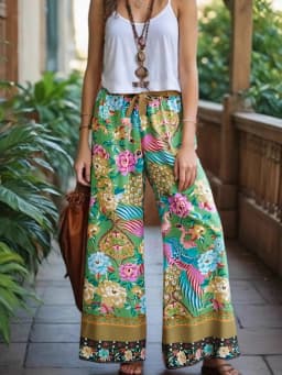 Vintage Chic Women Peacock Floral Print Bohemian Wide Leg Pants Lady Elastic Waist Loose Rayon Boho Long Pants Oversize Trousers