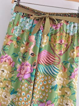 Vintage Chic Women Peacock Floral Print Bohemian Wide Leg Pants Lady Elastic Waist Loose Rayon Boho Long Pants Oversize Trousers