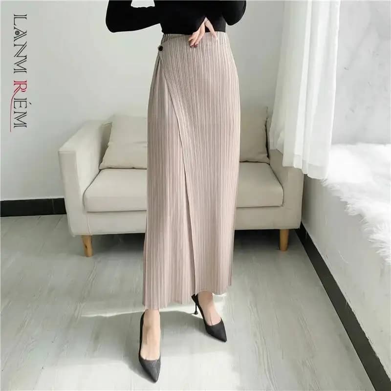 LANMREM Summer New Pleated Straight Skirt Pants Asymmetric Loose Elastic Slimming Casual Patchwork Design Trousers Chic 2DB3899