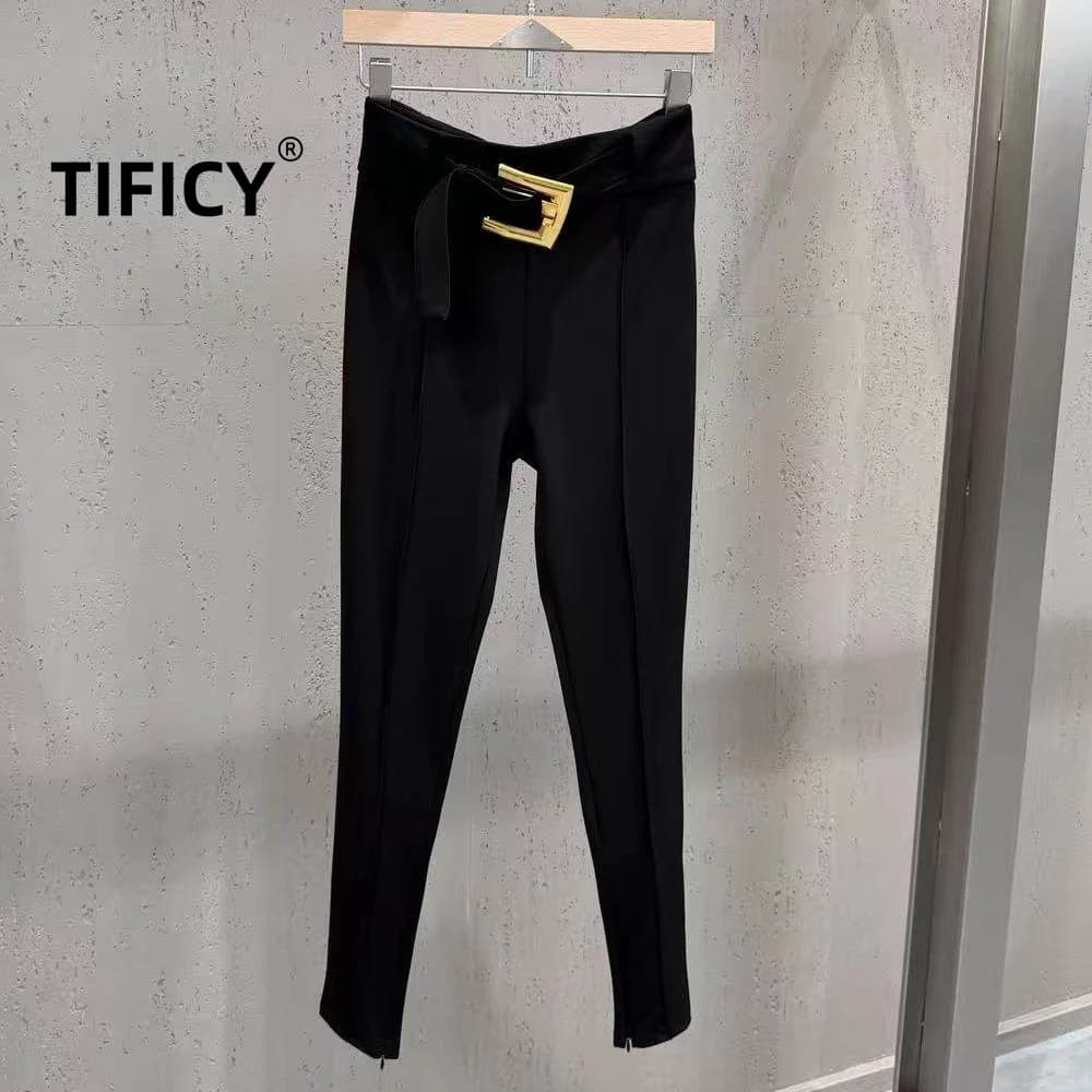 High Street Pants Women's High Waisted Slimming Black Casual Pants Metal Buckle Decoration Hanging Elastic Slim Fit Pants
