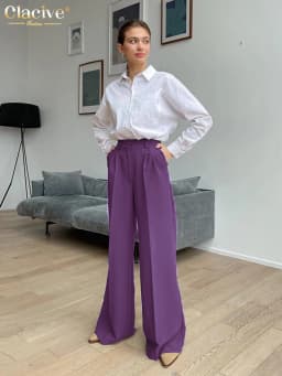 Clacive Blue Office Women'S Pants 2021 Fashion Loose Full Length Ladies Trousers Casual High Waist Wide Pants For Women