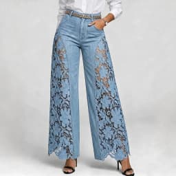 Denim Pant Women Jeans Vintage Wide Leg Long Pants High Waist Trousers Y2k Streetwear Elegant Work Lace Hollow Out Sexy Casual