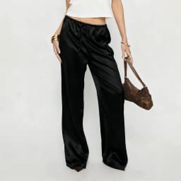 Women Satin Wide Leg Dress Pants Silk Casual Dressy Long Flowy Pants Elastic High Waisted Trousers
