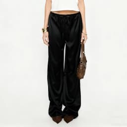 Women Satin Wide Leg Dress Pants Silk Casual Dressy Long Flowy Pants Elastic High Waisted Trousers