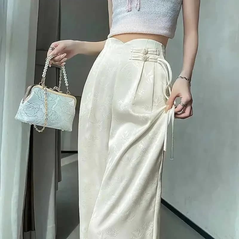 Summer Women Thin Jacquard Trousers Korean Ladies High Waist Wide Leg Pants 2025 Female Fashion Satin Straight-leg Pantalons