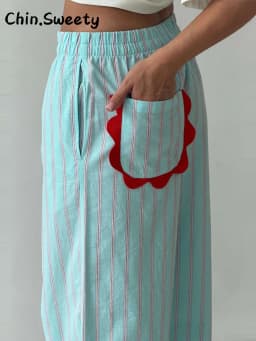 Casual Women's Striped Contrast Wave Cut Pants Loose Elastic Waist Pockets Wide Leg Female Trousers 2026 Lady All-match Pant