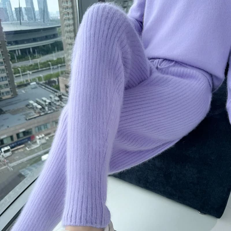 100% Mink Cashmere Knitted Feet Pants Women's Elastic Waist Slim Trousers Warm Joker Radish Pants 2025 Autumn New Thick Leggings