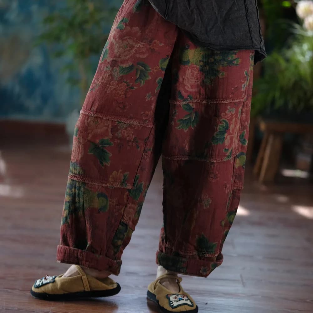 Johnature Women Vintage Print Floral Red Wide Leg Pants Elastic Waist Loose Cotton Trousers 2025 Autumn New Chinese Style Pants