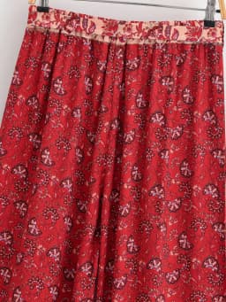 Vintage Chic Women Red Floral Bohemian Wide Leg Pants Lady Elastic Waist Loose Vacation Boho Long Pants Oversize Trousers