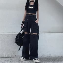 New Fashion Black Pants Women 2025 Detachable Casual Korean Cargo Wide Leg Pant Woman