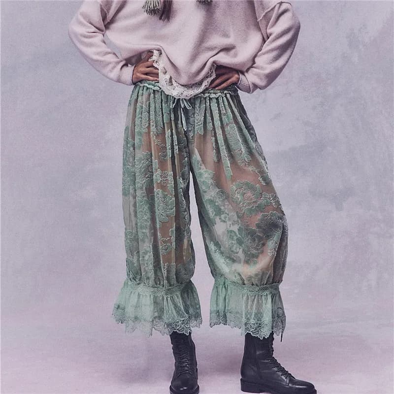 Boho Vintage Women Lace Trim Long Bloomers Y2k Elastic Mid Rise Floral Ruffle Pantaloons Flared Slips Pants Pajama Bottoms