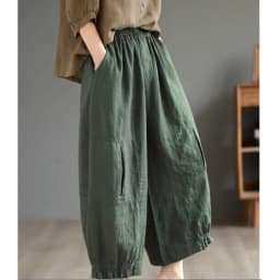 Women's Pure Color Linen Wide Leg Pants Elastic Waist Loose Slimming Casual Trousers High Waist Nine Points Summer Faion