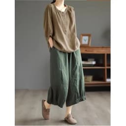 Women's Pure Color Linen Wide Leg Pants Elastic Waist Loose Slimming Casual Trousers High Waist Nine Points Summer Faion
