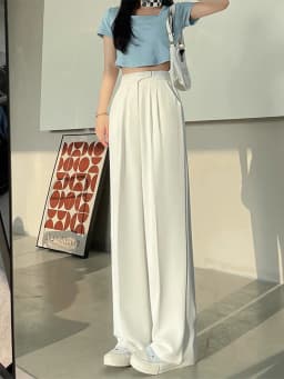 Wide Office Trousers for Women 2023 High Waist White Straight Stacked Pants with Pockets Double-button Classic Women's Trousers