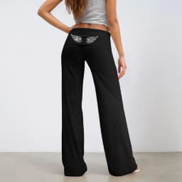 Fold Over Yoga Pants for Women Angel Wings Embroidery Sweatpants Y2k Low Rise Solid Straight Leg Trousers Gym Lounge Leggings