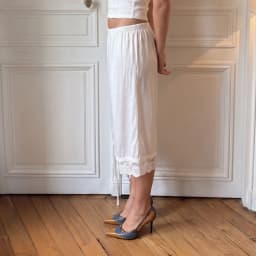 Women Coquette Lace Trim Capri Pants Elastic Waist Loose Wide Leg Mid Calf Culottes Vintage Cottagecore Loungewear Sleep Bottoms
