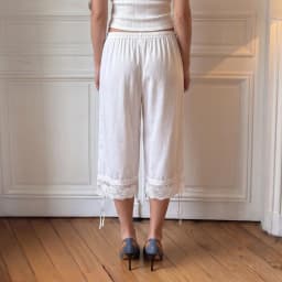 Women Coquette Lace Trim Capri Pants Elastic Waist Loose Wide Leg Mid Calf Culottes Vintage Cottagecore Loungewear Sleep Bottoms