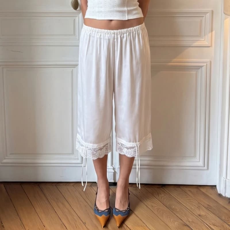 Women Coquette Lace Trim Capri Pants Elastic Waist Loose Wide Leg Mid Calf Culottes Vintage Cottagecore Loungewear Sleep Bottoms