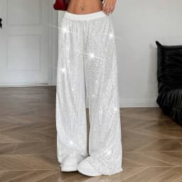 Y2K Women Wide Leg Pants Low Waist Shiny Sequins Loose Soild Color Casual Party Long Trousers Streetwear