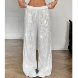 Y2K Women Wide Leg Pants Low Waist Shiny Sequins Loose Soild Color Casual Party Long Trousers Streetwear