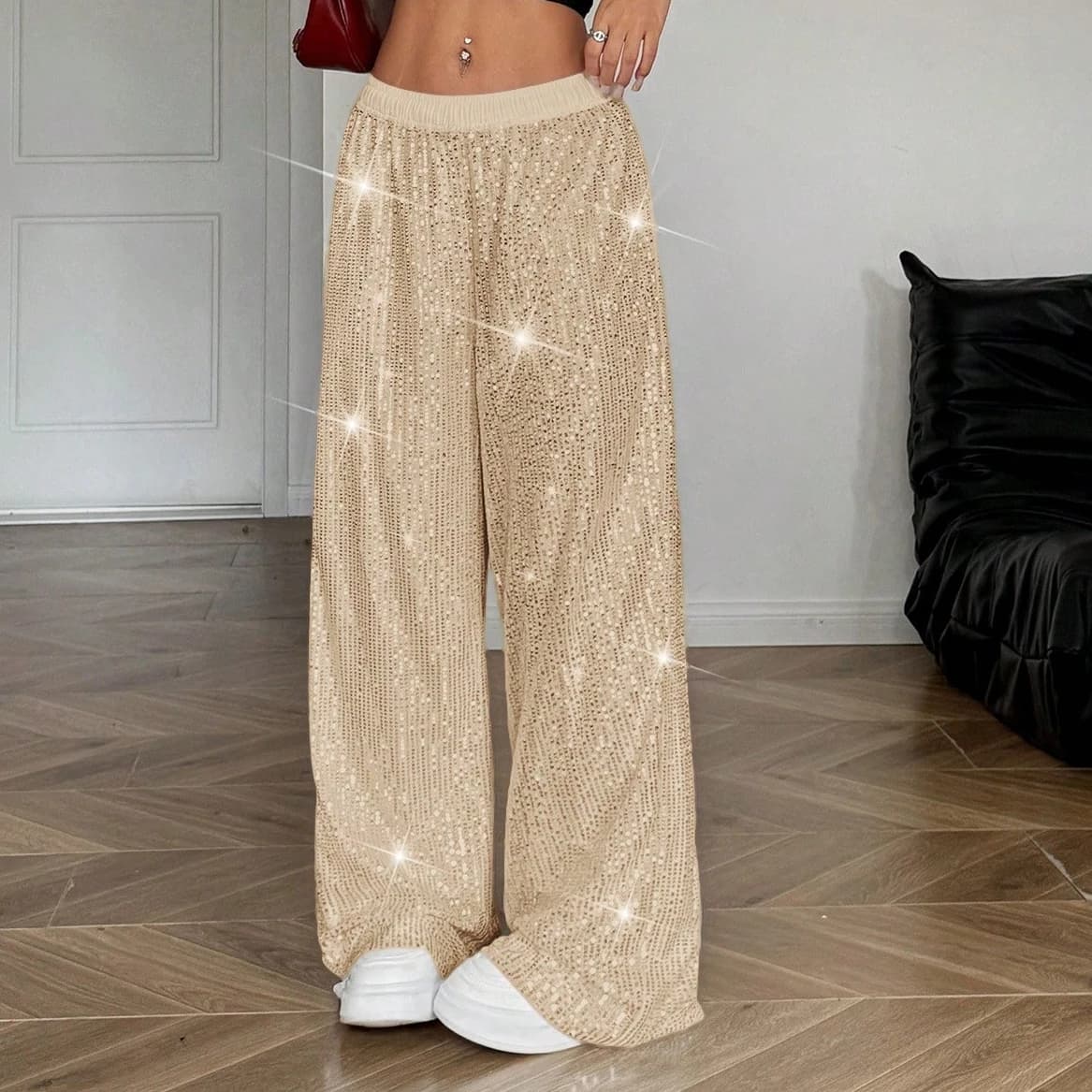 Y2K Women Wide Leg Pants Low Waist Shiny Sequins Loose Soild Color Casual Party Long Trousers Streetwear
