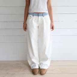 Women's Contrast Waistband White Wide Leg Jeans Low Rise Baggy Denim Pants Loose Fit Trousers Lady Date Commuter Casual Clothes
