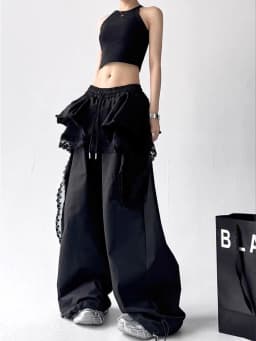 Black Cargo Pants Women Streetwear Lace Patchwork White Wide Leg Pants Summer Gyaru Harajuku Korean Baggy Trousers New