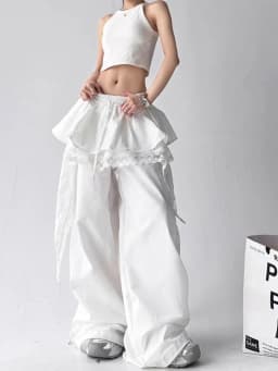 Black Cargo Pants Women Streetwear Lace Patchwork White Wide Leg Pants Summer Gyaru Harajuku Korean Baggy Trousers New