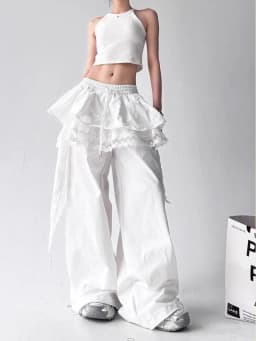 Black Cargo Pants Women Streetwear Lace Patchwork White Wide Leg Pants Summer Gyaru Harajuku Korean Baggy Trousers New