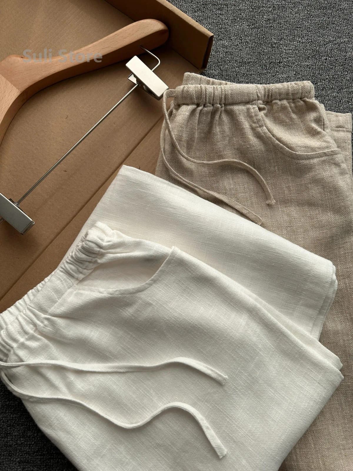 Lightweight Loose Fit Linen Wide Leg Pants Women's Casual Elastic Waist Drawstring Loose Comfortable Breathable Long Trousers