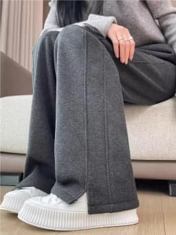 Thickened Woolen Straight Leg Pants Women's High Waist Wide Leg Trousers Autumn Winter Casual Pants Pocket Design Cotton Blend