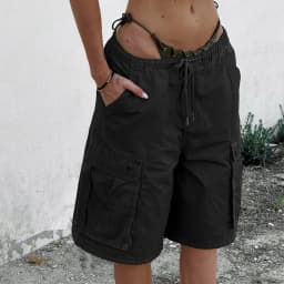 Women Knee Length Jean Shorts with Pocket Denim Cargo Shorts High Waist Summer Streetwear Shorts Drawstring Loose Clothing