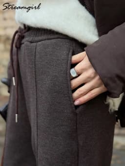 Streamgirl Thick Warm Straight Pants For Women Office Brown Wide Leg Trousers High Waist Women's Loose Pants For Ladies Spring