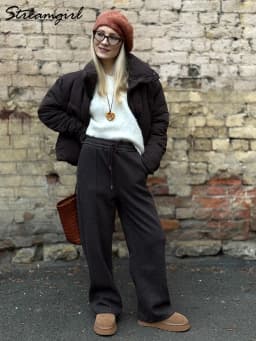 Streamgirl Thick Warm Straight Pants For Women Office Brown Wide Leg Trousers High Waist Women's Loose Pants For Ladies Spring